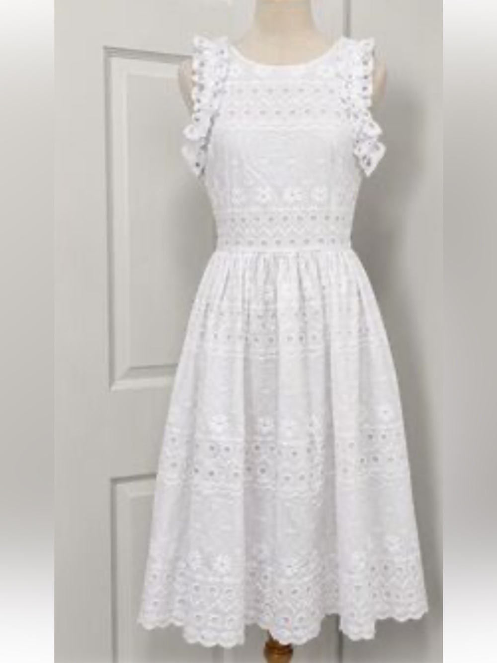 Kate Spade White Cotton Eyelet  MIDI Dress